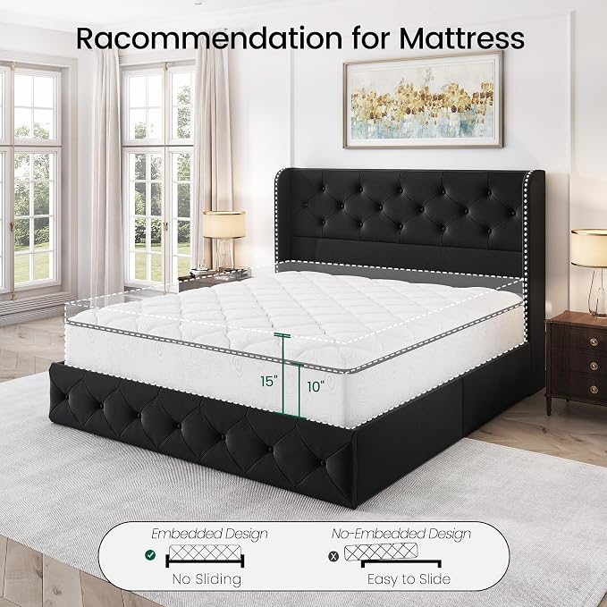 LARMACE Full Size Bed Frame with 4 Storage Drawers and Wingback Headboard Velvet Upholstered Platform Bed Frame Tufted Beds with Wooden Slats Support, Easy Assembly, Black