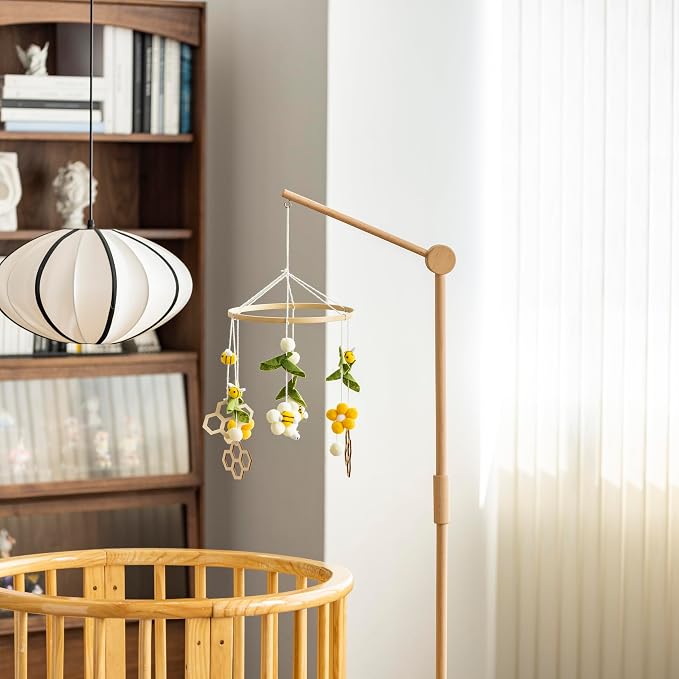 Crib Mobile Arm Wooden Floor Standing - 61 Inches Mobile Arm for Crib|Movable Baby Mobile Hanger|Strong Anti-Dumping Attachment|Natural EU Beech Wood|Thicker Pole|Boho Nursery Decor