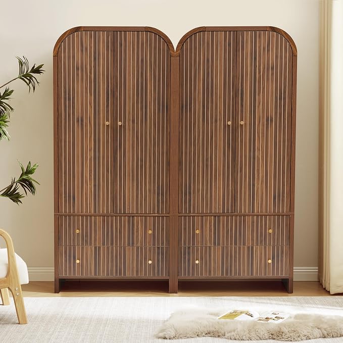 LEVNARY Arched Armoire Wardrobe Closet, Mid-Century Modern 2-Door Freestanding Wardrobe with Hanging Rod and 2 Drawers, Fluted Carved Clothing Storage Cabinet for Bedroom (Walnut)