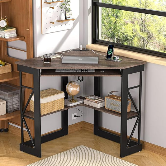VECELO Corner Desk, Triangle Computer Desk for Small Space with Charging Station and Keyboard Tray, Corner Makeup Table with Storage Shelves for Home Office Bedroom, 41x30, Rustic Brown
