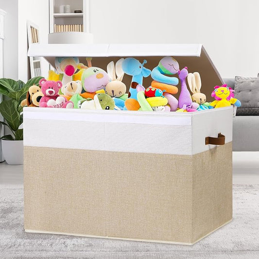Gowee Large Toy Storage Box with Lid, Sturdy Toys Storage Chest Bin Organizer Basket with Dividers for Kids, Boys, Girls, Nursery, Closet, Bedroom, Playroom 26"x17" x17" (Beige and White)