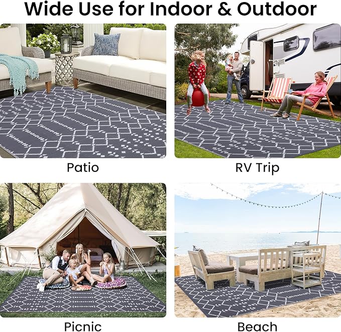 Smiry Outdoor Rug 6x9 ft, Waterproof Reversible Plastic Straw Rugs, Boho Outdoor Area Rug, Outside Floor Mat for Patio, Backyard, Deck, Picnic, Beach, Camping, Grey