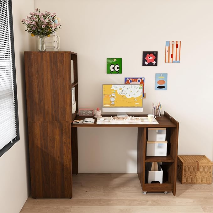 KEIKI Home Office Stretchable Desks with Storage Shelves and Mobile Wheels, Modern Wood Foldable Desk Gaming Computer Corner Table for Apartments Work, Study, Writing
