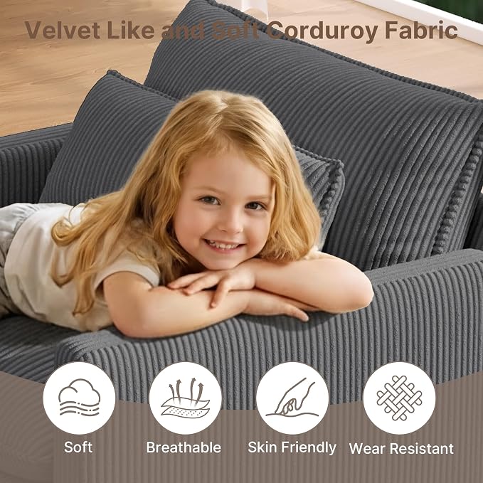 Gizoon Cloud Accent Chair with Washable Cover, Corduroy Single Sofa Chair with Comfy Deep Seat, Modern Armchair with Pillow for Living Room Bedroom, Gray