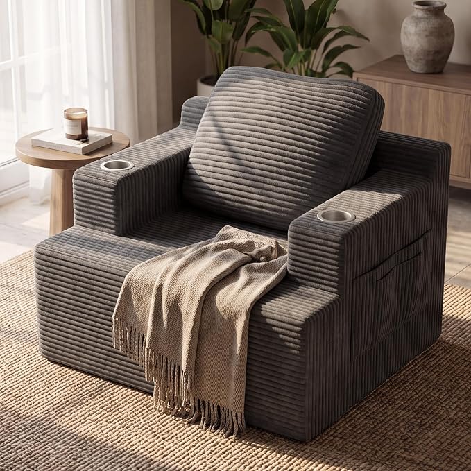 Homall 42” Single Sofa Foam Couch for Small Spaces Upholstered Floor Sofa with Cup Holder & Storage Pocket Boneless Couch for Bedroom Living Room (Grey, Single)