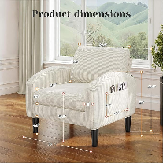 Homkdom Accent Chairs Set of 2 for Living Room,Mid Century Modern Reading Chair with 2 Side Pockets,Upholstered Armchair for Apartment,Small Room,Beige