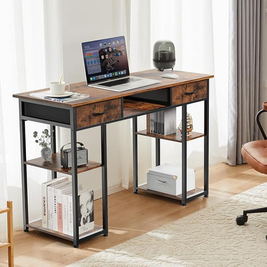 DUMOS 48" Small Computer Home Office Desk for Bedroom with Drawers, Gaming Writing Study Table with Storage Shelf, Adjustable Feet, Metal Frame Natural Brown