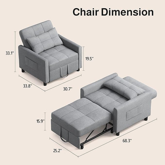 Ahomly Sleeper Sofa Chair Bed, Convertible Sofa Chair 3-in-1, Adjustable Sleeper Chair Pullout Sofa Bed with Modern Linen Fabric for Living Room Apartment Small Space, Grey