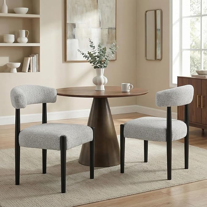 VKNOW Wooden Dining Chairs Set of 6 with Black Legs, Heathered Off-White | Soft Chenille Fabric, Curved Open Back, Thickened Cushion, For Adults and Family, Dining Room, Kitchen, No Wobble