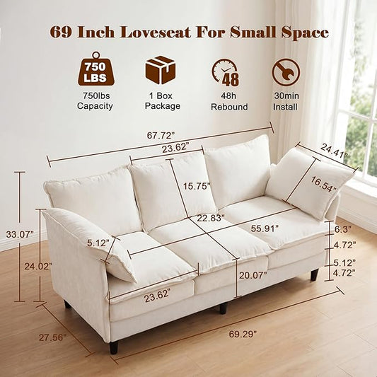 3 Seater Couch Sofa, 69" Small Couch Modern Cozy Comfy Cloud Chenille Sofa 23" Deep 1 Box & 2 Pillows & Washable Cover Couches for Living Room Bedroom Apartment Office 69-Beige-1