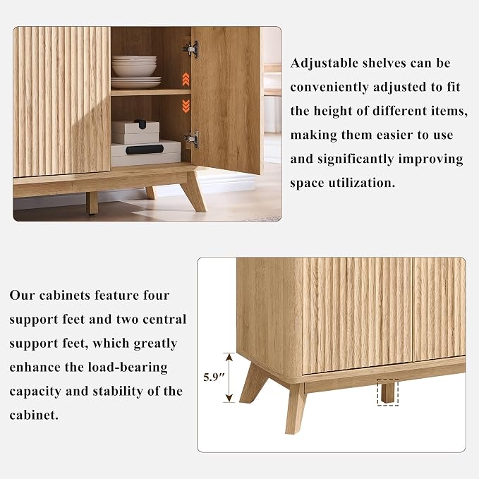 T4TREAM 60 Inch Fluted Buffet Sideboard Cabinet, Natural Oak | Modern Coffee Bar Storage Cabinet With 3 Drawers, for Dining Room, Living Room, Hallway, Oak Wood Grain, Adjustable shelves