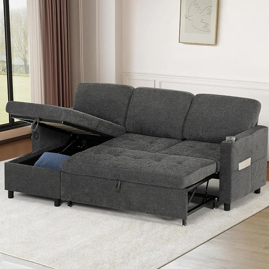 84" Fabric Sleeper Sofa Bed w/Adjustable Backrests, L-Shaped Sectional Sofa Bed w/USB Port & Thickened Cushions, Convertible Pull Out Couch Bed w/Storage Bags for Living Room, Grey