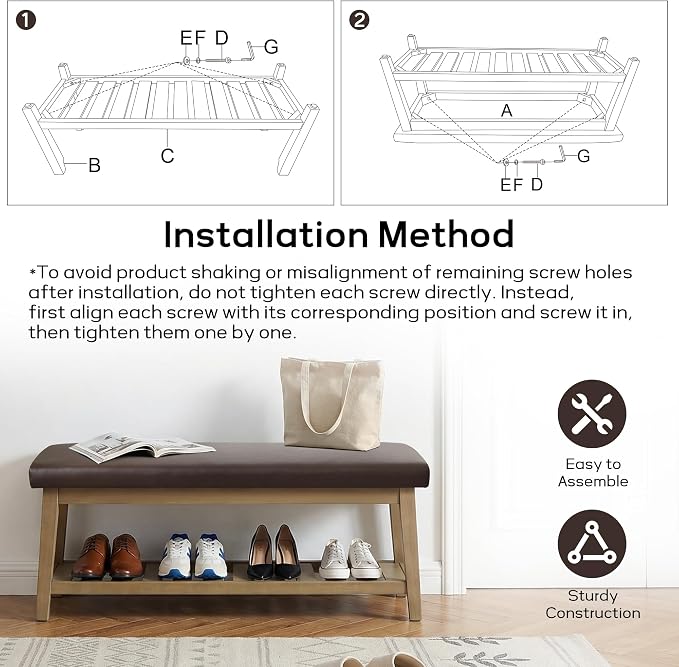 Entryway Bench with Cushion, Upholstered Shoe Rack Bench with Solid Wood Shelf, 44" End of Bed Bench for Bedroom, Chenille Fabric Storage Bench for Entryway, Hallway, Living Room (PU-Brown)