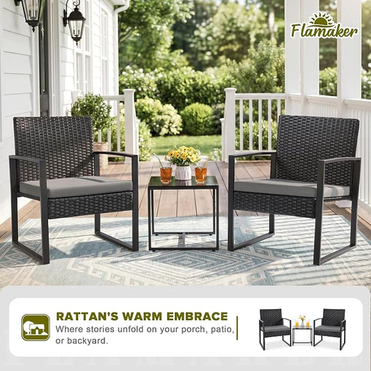 Flamaker 3 Pieces Patio Set Outdoor Wicker Furniture Modern Bistro Rattan Chair Conversation Sets with Coffee Table for Yard (Grey)