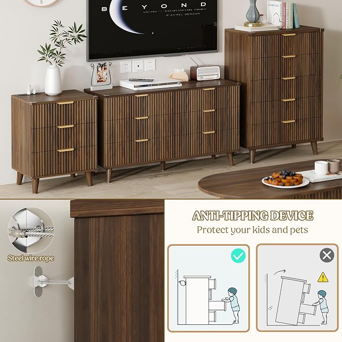 Lulive Modern Dressers and Nightstands Set 3-Piece, 2 Night Stands + 6-Drawer Dresser with Charging Station Modern Bedroom Sets