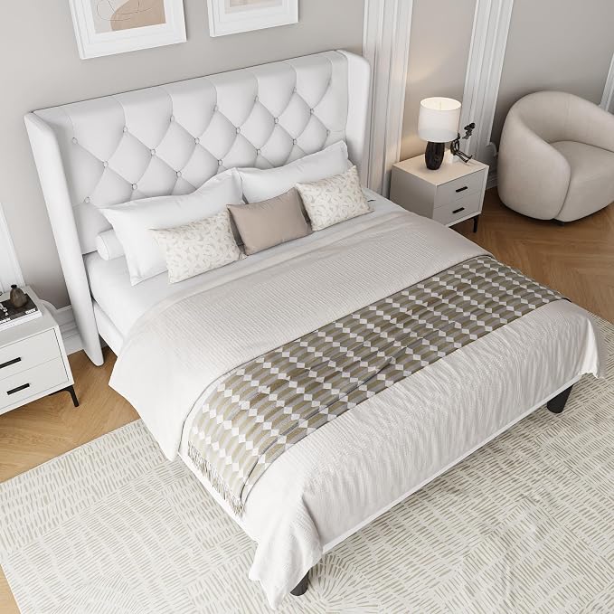 Einhomn Queen Size Platform Bed Frame with Velvet Upholstered Wingback Headboard, 10" Under Bed Space, Wooden & Metal Slats Support, No Box Spring Needed, White