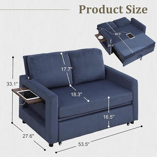 3 in 1 Folding Convertible Sleeper Sofa Bed, Pull Out Couch with Side Pockets,USB Port,Side Table,Loveseat Sofa Bed with Adjustable Backrest for Living Room Bedroom 66" Blue 2 SEAT