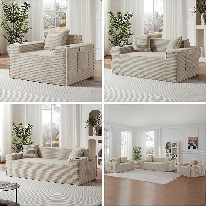 Boneless Sectional Sofa 3 Piece Set with Cup Holders & Side Pockets, Modern Corduroy Fabric Deep Seat Cloud Couch Living Room, Office, No Assembly (Camel)
