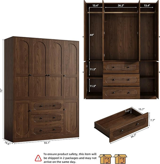 TOKSOM 4 Doors Freestanding Armoire Wardrobe Closet, 72" Walnut Wardrobe Armoire Wooden Closet Large Capacity Storage with 3 Drawers & 3 Hanging Rod Shelves Clothes Organizer