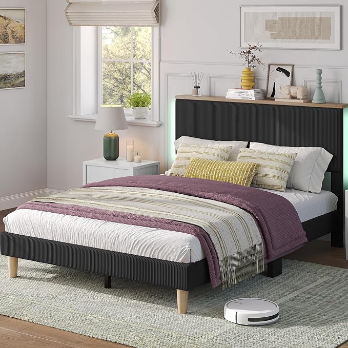 Bestier Queen Bed Frame with Adjustable Headboard & LED Lighting, Corduroy Upholstered Platform Bed Frame with Storage Shelf, Solid Wood Slats, No Box Spring Needed, Never Squeak, Easy Assembly, Black
