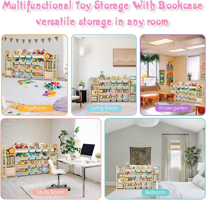 Kids Toy Storage Organizer with Bookshelf – Wooden Shelf with 16 Bins & 6 Shelves, Quick Assembly Storage Rack for Playroom, Bedroom, Nursery – Colorful