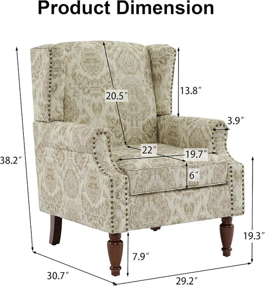 Pia Ricco High Back Floral Accent Chair - Retro Wingback Upholstered Armchair with Nailhead Trim, Solid Wood Legs, Fabric Living Room Bedroom Reading Chair (Flower White)