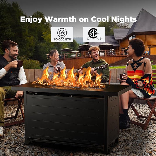Ciays 43″ Propane Fire Pit with Glass Beads & Lid, 60,000 BTU CSA-Certified Gas Fire Pits with Cup Holders, Hanging Shelf & Nylon Cover, Large Fire Pit Table for Patio/Porch/Deck, Black