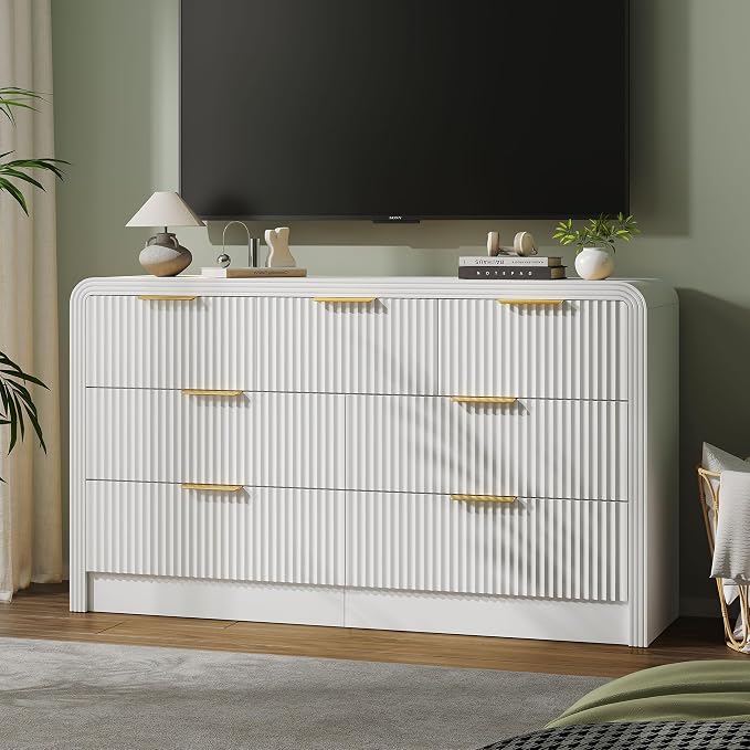 Decofy Fluted Drawers Dresser for Bedroom, Wood Dressers with Gold Handles, Modern Dressers with Wave Texture, Large Storage Chest of Drawers, Bedroom Dresser Organizer 55'' & 7 Drawers ((Pure White)