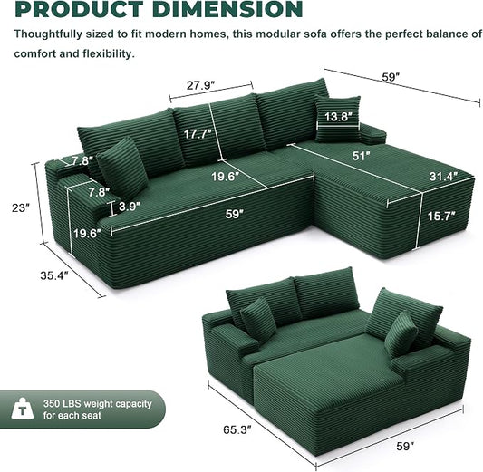 Mangodan Cloud Sectional Sofa, Boneless Couch for Living Room, Modular Sectional Sofa with Deep Seat, Fluffy L-Shaped Comfy Couch with Right-Facing Chaise, No Assembly Required, Green