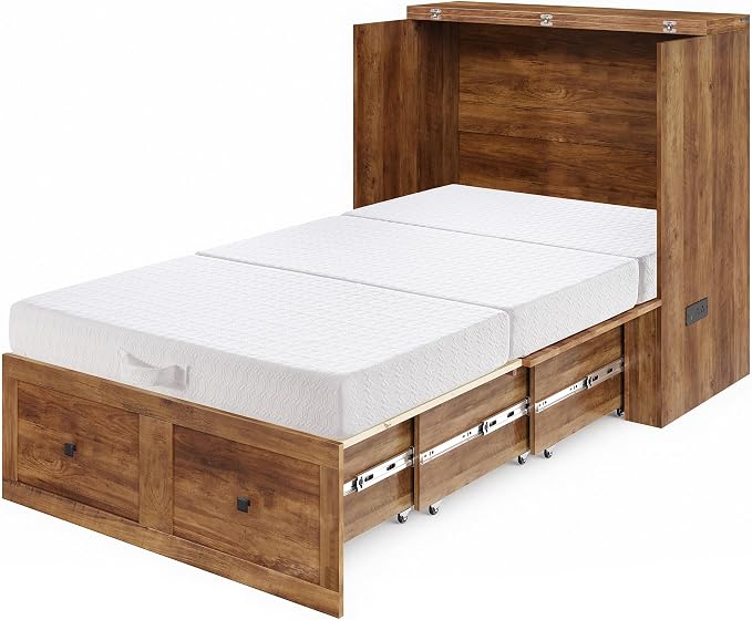 LUXOAK Twin Murphy Bed with 6" White Tri-Fold Memory Foam Mattress, Storage Drawer & Charging Station, Space-Saving Design for Home Office or Guest Room, Barnwood