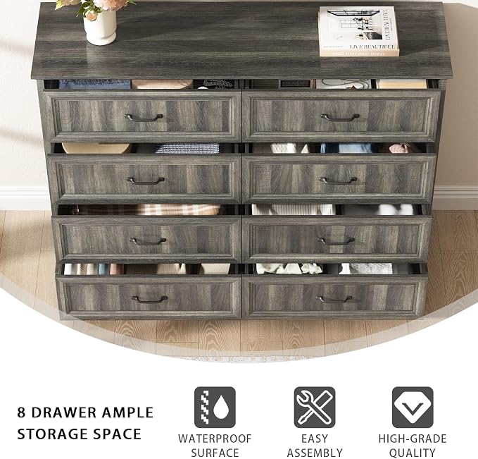 CARPETNAL Farmhouse Dresser and Nightstand Sets for Bedroom, 3 Pcs Bedroom Set, 8 Drawer Dresser & Nightstand Set of 2, Modern Wood Chest of Drawers for Bedroom, Living Room, Entryway, Grey