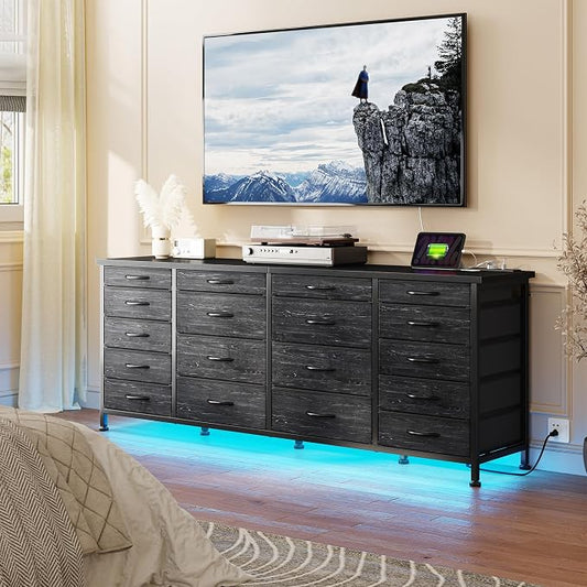 EnHomee 63" W Black TV Stand for Living Room, 18 Drawers, LED & Charging | Long Dresser for 65"-75" TV, Deep Drawer, Spacious Storage, Drawers Glide, No Wobbling, Anti-tip, Easy Assembly, Wipes Clean