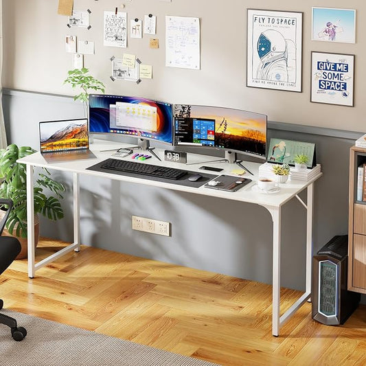 PayLessHere | 63 Inch Computer Desk | White | Office Desk with Metal Frame, Adjustable Feet | Water-Resistant, Scratchproof Surface | Sturdy Writing Table for Home Office or Study | Pack of 1
