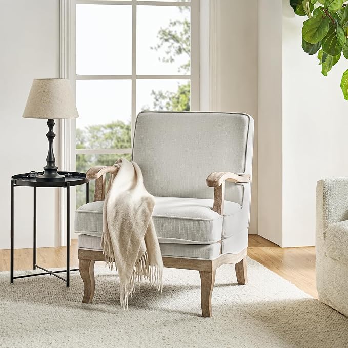 HULALA HOME Mid-Century Modern Accent Chair, Upholstered Living Room Lounge Chair, Lounge Armchair with Romantic Stripes & Solid Wood Legs, Living Room Bedroom Single Sofa Chair (Ivory)