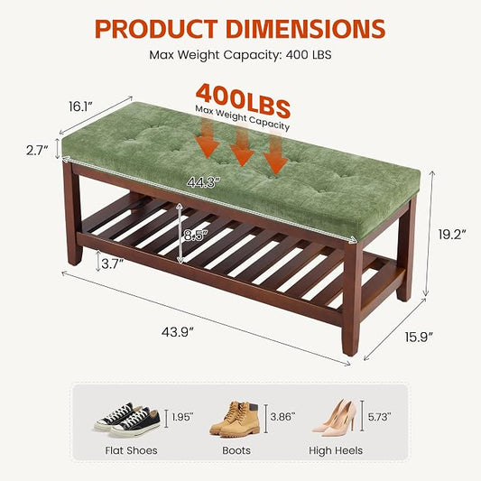 HUBSON 44" Entryway Shoe Bench, Upholstered End of Bed Bench with Solid Wood Shelf, Button Tufted Shoe Bench for Bedroom, Hallway, Living Room, Green
