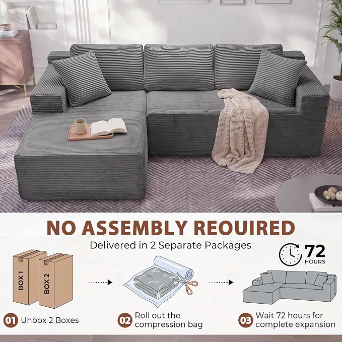 Homall 110" Boneless Sectional Couch, Modular Sectional Sofa L-Shape Couch with Deep Seat, Cloud Comfy Boneless Couch for Living Room, No Assembly Required (Corduroy, Grey)