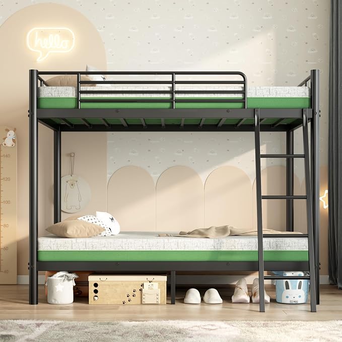 SDHYL Twin Over Twin Bunk Bed with Two Mattresses, All-in-One Metal Bunk Bed Set for Adults, Heavy Duty Sturdy Frame, 6 Inch Twin Memory Foam Mattresses Included, Idea for Dorms & Small Rooms