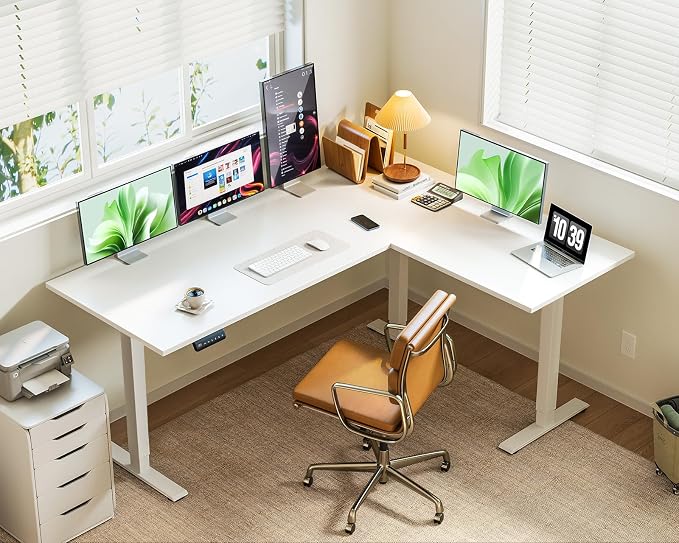 Casaottima 63 Inch Electric L-Shaped Standing Desk, Reversible Corner Desk with Height Adjustment, Large Ergonomic Workstation for Home Office, Reception Room, White