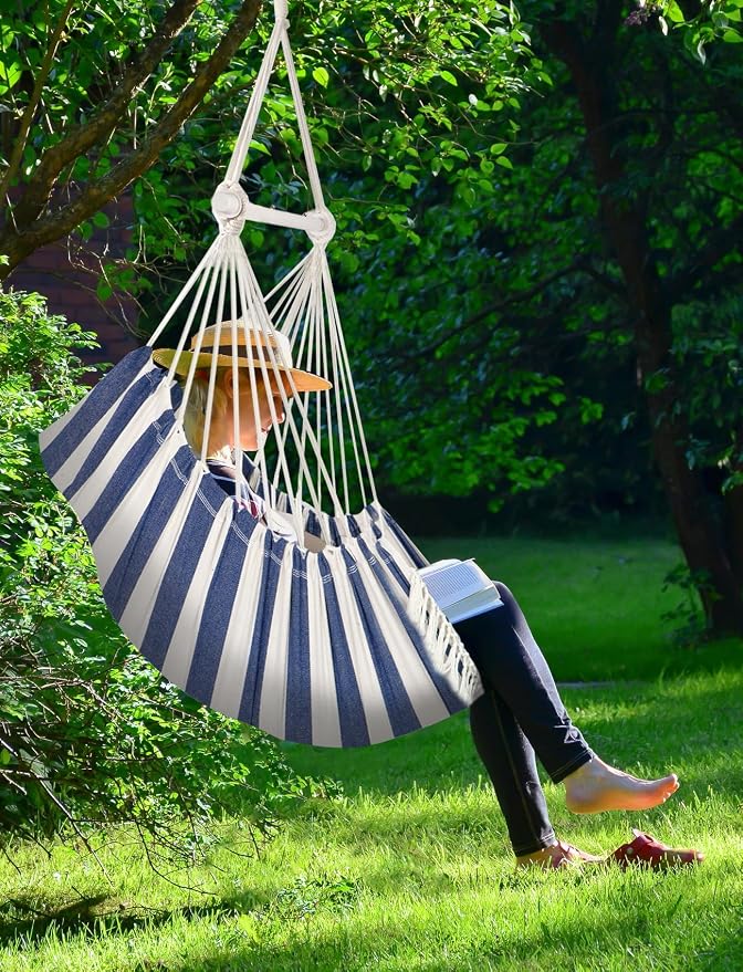 Chihee Hammock Chair Hanging Swing Max 500 Lbs 2 Cushions Included Metal Spreader Bar with Anti-Slip Grooves Portable Hanging Chair Side Pocket Large Macrame Bohemian Chair Indoor Outdoor