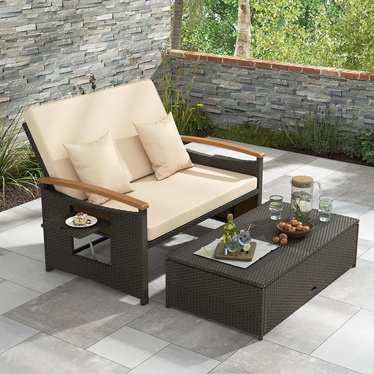 LDAILY Moccha Outdoor Wicker Daybed, Patio Rattan Loveseat Sofa w/ 4-Level Adjustable Backrest, Folding Panels, Storage Ottoman & Cushions, Lounge Furniture Set for Poolside Backyard Porch (Beige)