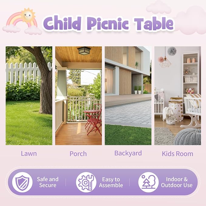 JOYMOR Kids Picnic Table with Removable Umbrella, Plastic Kids Activity Table for Outdoors, Toddler Table and Bench Set for Ages 3+, Ideal for Garden, Patio, Pink & Purple