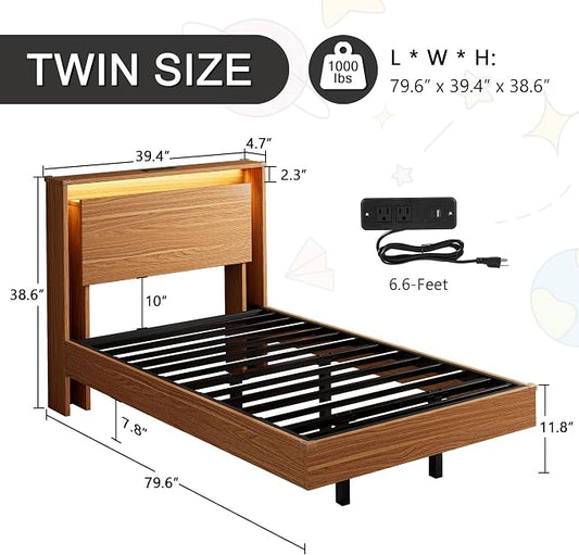 Einhomn Twin Bed Frame with Storage Headboard & LED Lights – Wood Floating Bed Frame with Charging Station, Non-Slip Slat, Kick-Free & Noise-Free Design, Easy Assembly, Walnut