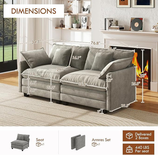 WorthFurni 77 Inch Cloud Sofa Loveseat, Comfy Sectional Couch, 2-Seater Chenille Deep Seat Sofa with Throw Pillows for Living Room Bedroom Apartment (Grey)