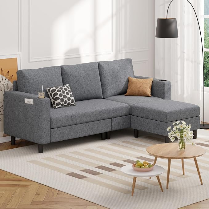 Luxanimarion Upholstered Sectional Sofa and Couches, 78'' L Shaped 3-seat Sofa forLiving Room, Apartment,Lounge,Bedroom-Washable Covers Convertible Sofas(Linen Fabric,Dark Gary)