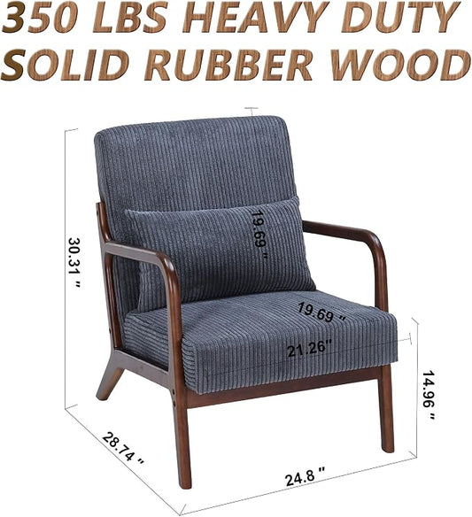 Mid Century Modern Accent Chair with Solid Rubber Wood Frame, Comfy Corduroy Reading Armchair with Lumbar Pillow, 350 LBS Heavy Duty Lounge Chair for Bedroom, Living Room & Small Spaces