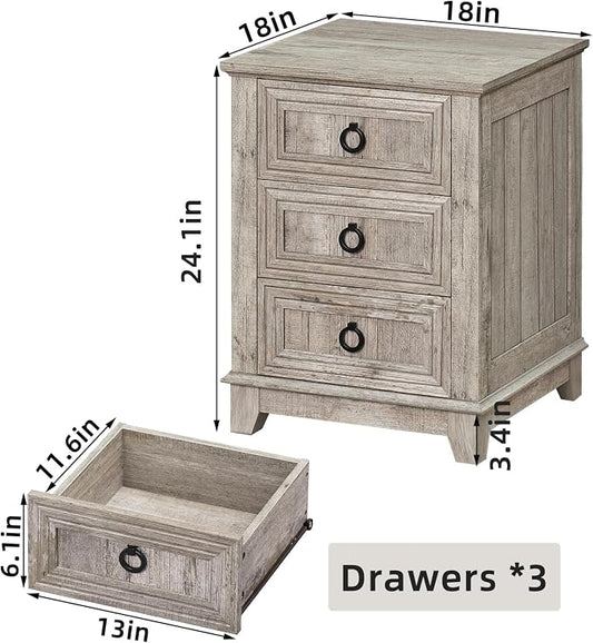 Joaxswe 18" Farmhouse Night Stand with 3 Drawers, Wood End Table Dresser for Bedroom, Retro Oak Nightstand, Bed Side Table with Metal Handle, Bedside Cabinet for Bedroom Living Room, Closet