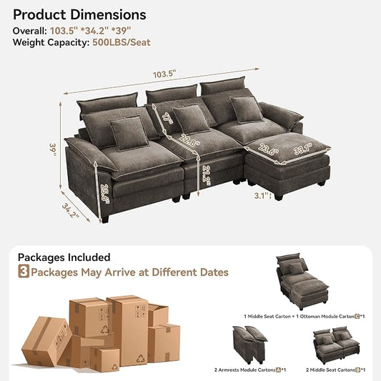 103'' Cloud Modern 3 Seater Couch with Detachable Headrest, Modular Sectional Sofa with Ottomant, Oversized L Shape Chenille Comfy Sofa with Armrests for Living Room, Brown