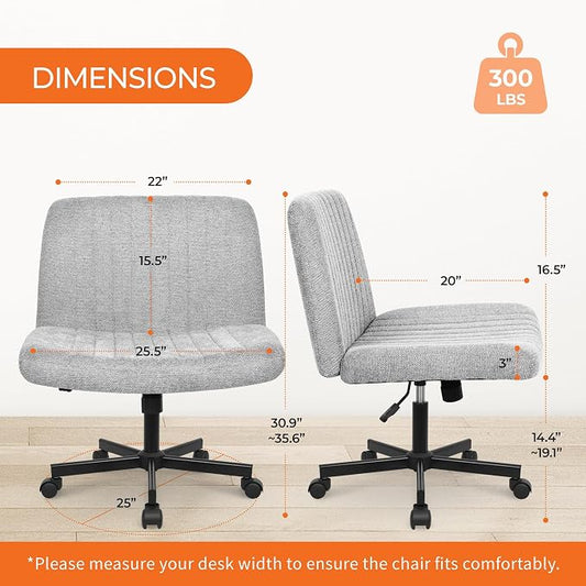 Orange Factory Criss Cross Chair Wheels Wide Cross Legged Office Desk Vanity Chair Comfy Fabric Armless Adjustable Swivel for Home Computer Task (Grey Wheel, Fabric)
