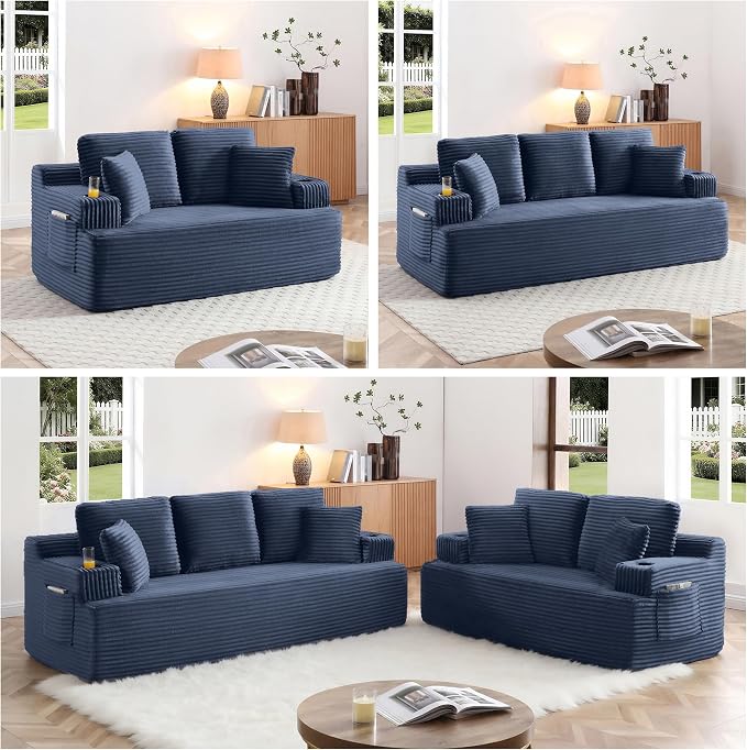 66.5'' Boneless Sofa Couch with Cup Holders & Side Pockets, Modern Corduroy Fabric Upholstered Loveseat Couch with 2 Throw Pillows for Living Room Office, No Assembly (Blue)
