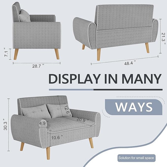 Shintenchi 48'' Loveseat Sofa, Mid-Century Modern Upholstered Couch Deep Seat with 2 Pillows, 10" Thick Cushion with Spring, Solid Wood Frame Small Couch for Living Room, Dorms & Office, Light Grey